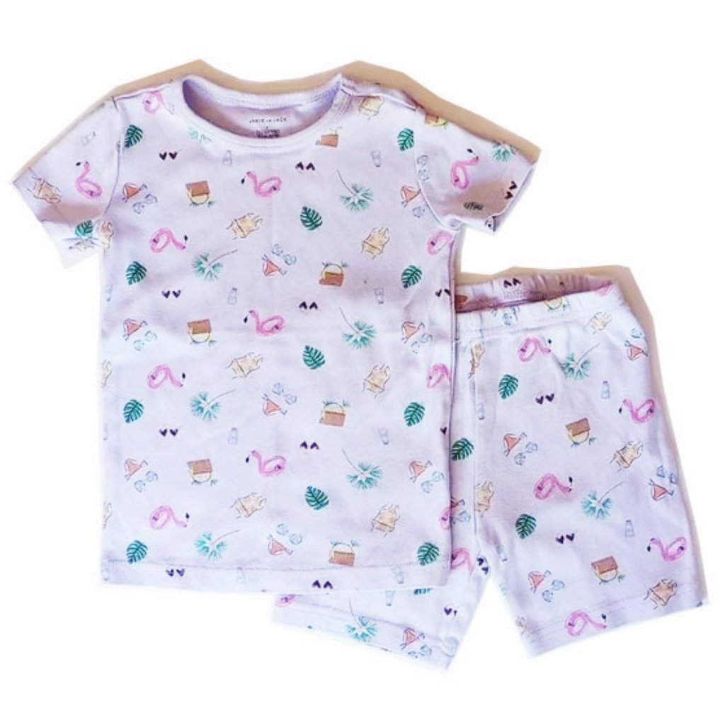 2 Pc Janie And Jack 100% Cotton Top Shorts Set 5t Lavender Flamingo Pineapple